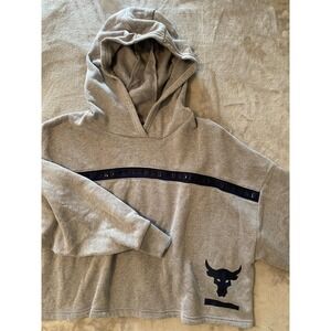 Under Armour Project Rock Hoodie Women Sz M Gray‎ Cropped Brahma Bull Athleisure